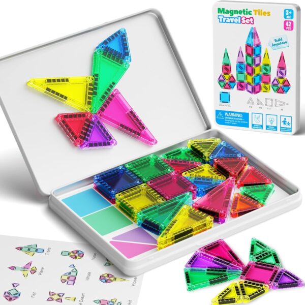 Ensemble de voyage de 42 mini-tuiles magnétiques avec boîte de rangement en fer